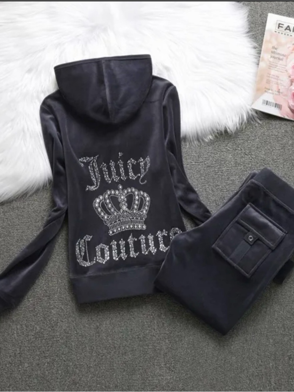Juicy Couture Black Velour Rhinestone Logo Hoodie & Joggers